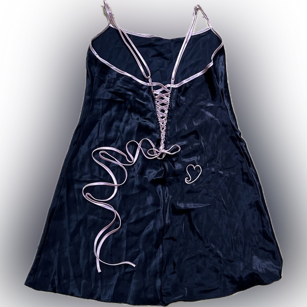 La Vie en Rose black satin coquette slip dress pink trim back lace corset Size M - Picture 4 of 7